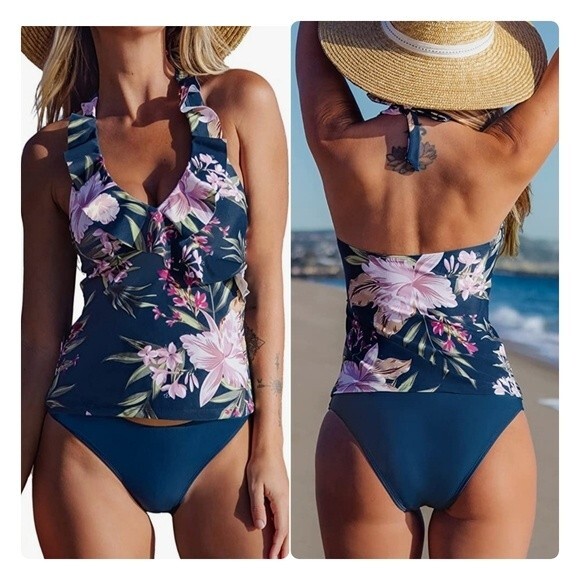 Cupshe Blue Ruffle Tankini Set NWT Tank Top and Bikini Swimsuit  Sz Small - Picture 1 of 16